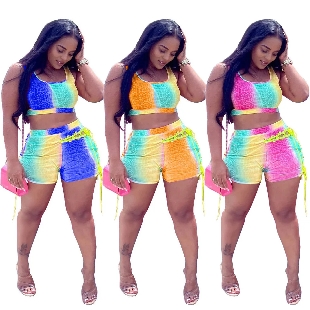 

Wholesale Fashion Active Wear Shorts Set 2 Piece Ladies Tank Crop And Sweat Shorts Summer Streetwear