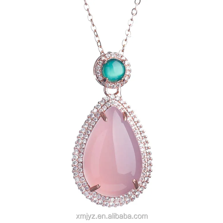 

Factory Wholesale Pink Chalcedony Drop Pendant 18K Gold Inlaid Necklace Ice Seed Agate Live Supply