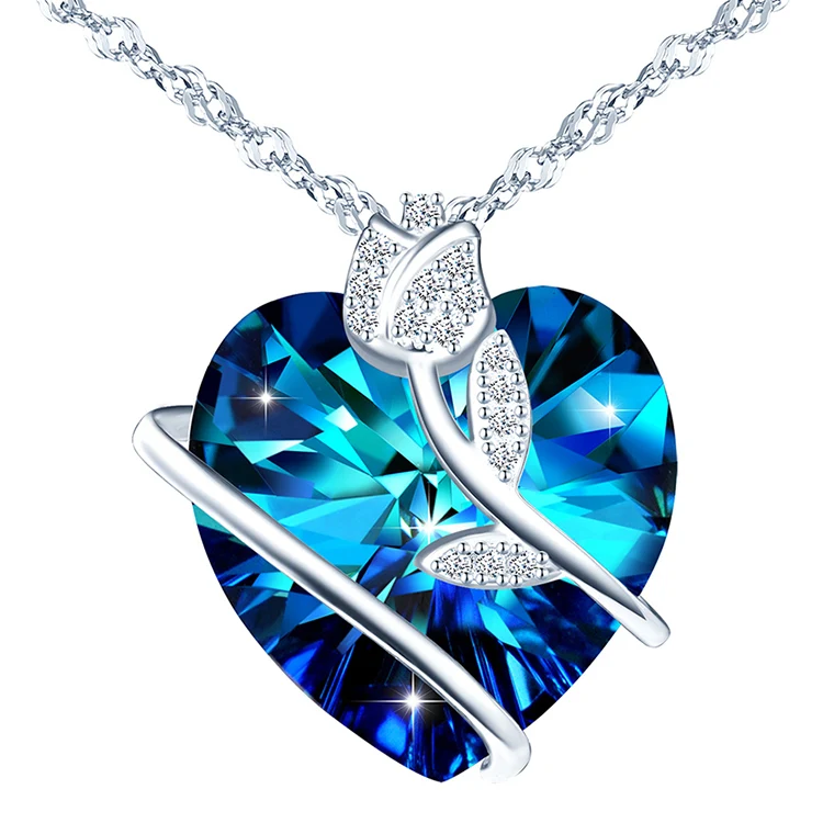 

Women Gifts Romantic Crystal Heart Rhodium Plated Charm Necklaces Sterling Silver Rose Necklace 925