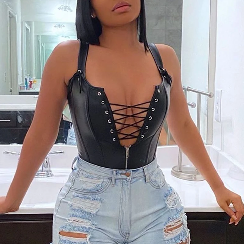 

YSK2926 -- cbrstyle Lace-Up Leather Corset Bodysuit