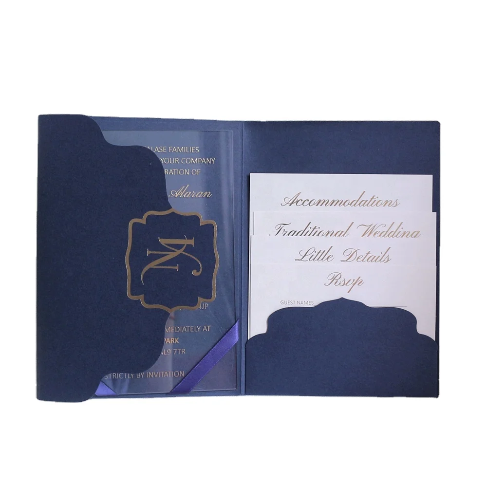 

Custom Navy Blue Pocket Folder Wedding Invitations Acrylic Invitation Set with Response Cards