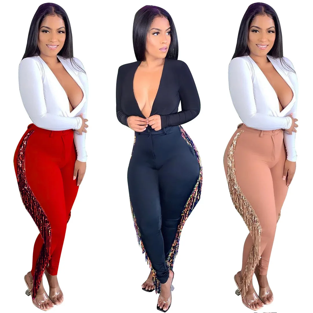 

Hot New Style Ladies Tight Casual Trousers High Waist Buckle Fringed Trousers Pants, Picture