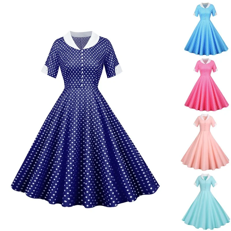 

Polka Dot Swing Vintage Office Women Robe Beading Short Sleeve Retro Chic Rockabilly Party Summer Dresses A-Line Vestidos, Pink/blue/yellow