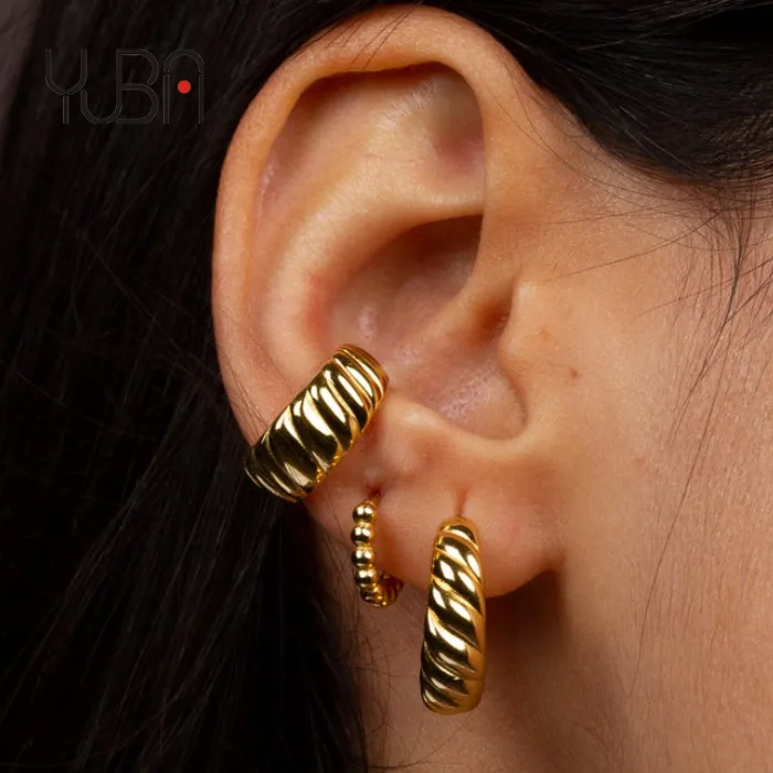 

Gold Hoop Earring Women New Titanium Steel Twist Fashion 18K Gold Plated Stainless Steel Croissant Hoop CC Earrings