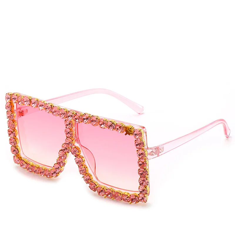 

YIDING luxury vintage rhinestone pink diamond sunglasses trendy square oversized cat eye half diamond frame Shade sun glasses, As is or customized