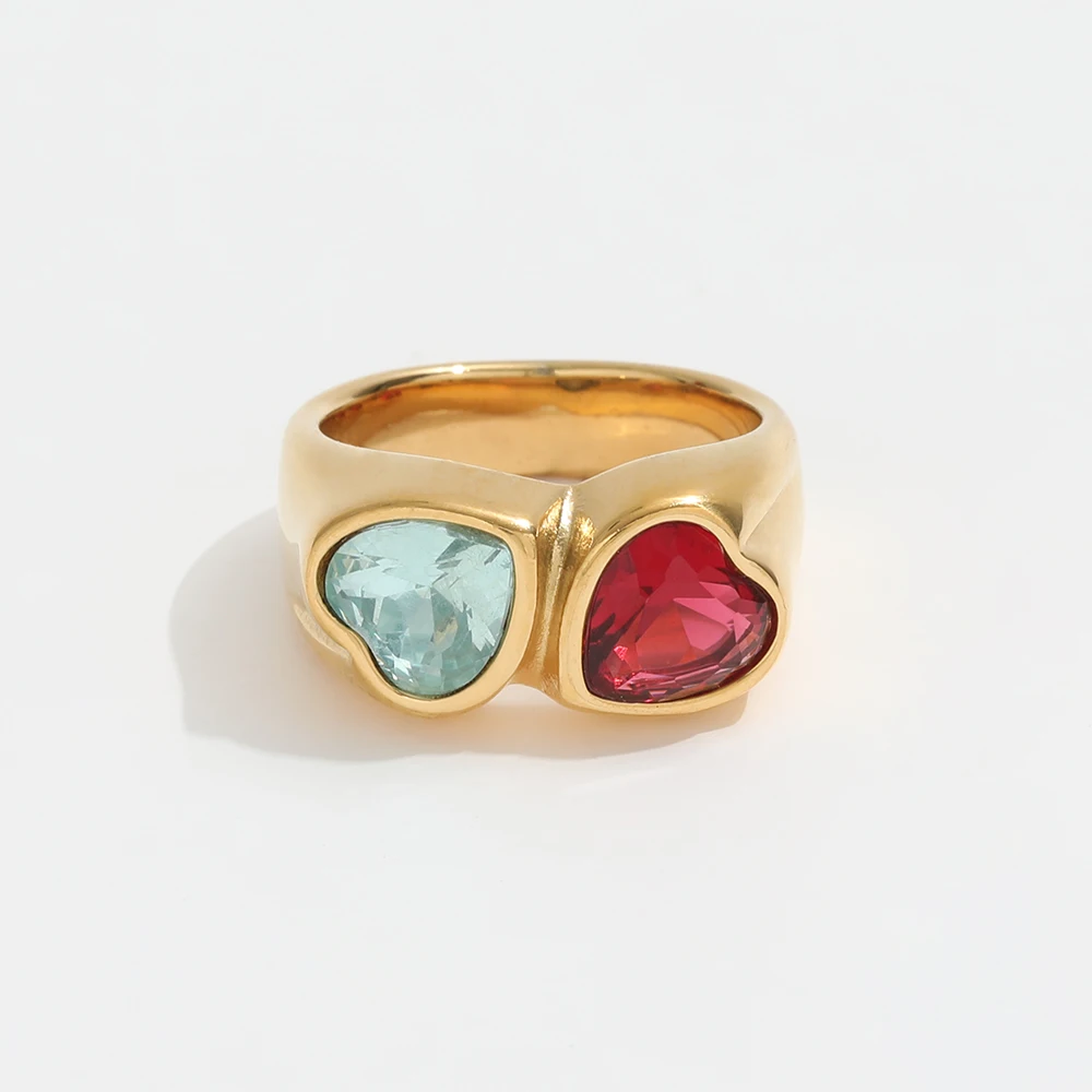 High End 18K PVD Gold Plated Plain Gold Two-tone Chunky Red Blue Heart Zirconia  Stainless Steel Rings  Fashion Jewelry