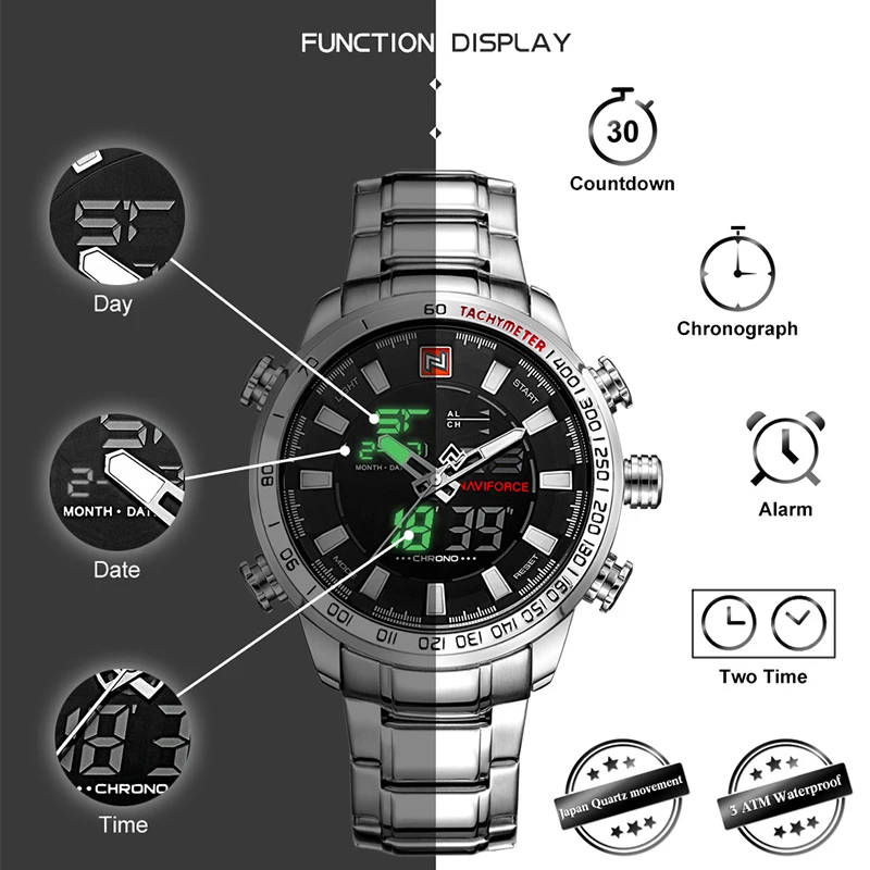 
NAVIFORCE Men Military Sport Watches Mens LED Analog Digital Watch Male Army Stainless Quartz Clock 9093 Relogio Masculino 