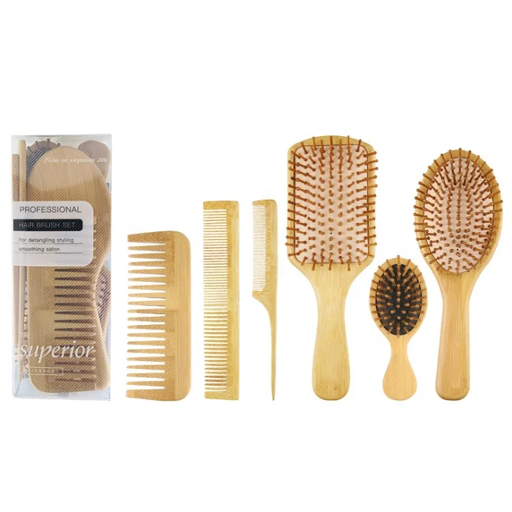 

6 In 1 Custom Logo Bamboo Paddle Hair Styling Brush Wide Tooth Comb Tail Comb Hair Brush Comb Set, Natural