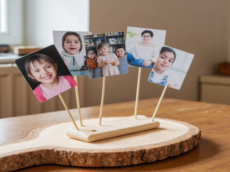 Craft stick floating photo display with colorful photos