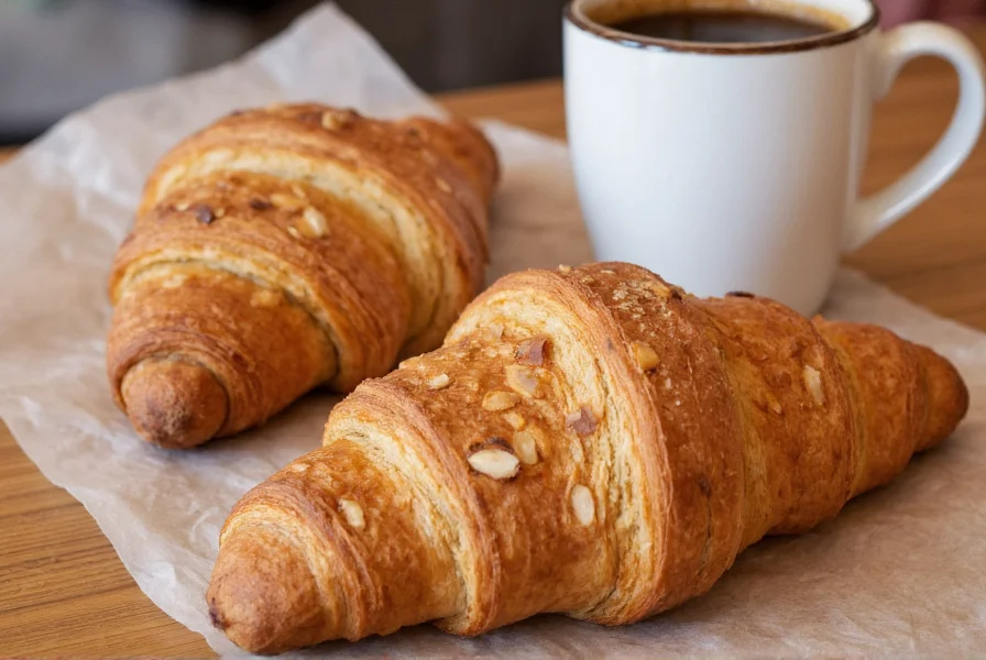 Close-up of freshly baked sourdough bread and almond croissant from Nutmeg Bakery & Cafe in Danielson with coffee cup