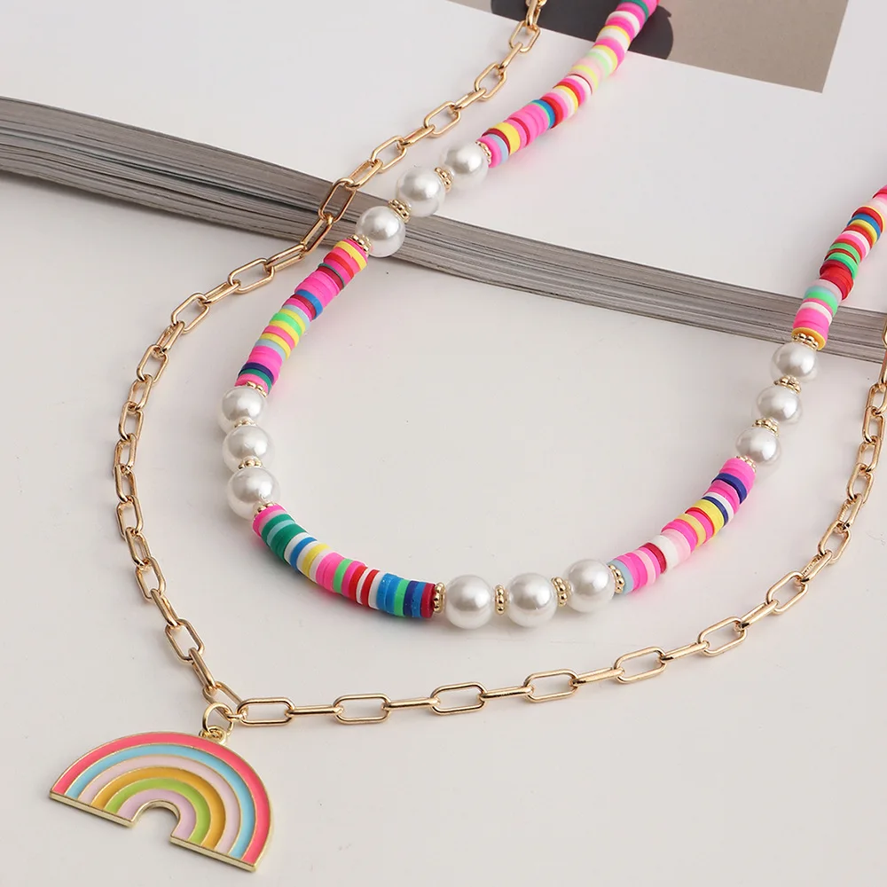 

Bohemia 18k Gold Paperclip Chain Rainbow Pendant Necklace 2pcs Set Multilayer Pearl Polymer Clay Choker Necklace, As picture