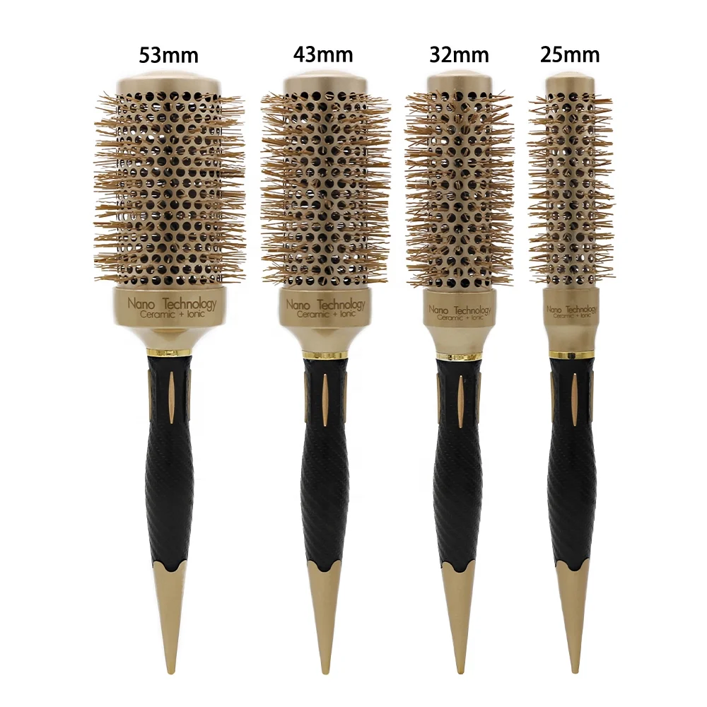 

New Design Gold Salon Nylon Bristle Roller Hair Brush Pointed Tail Handle Styling Round Ceramic Hair Brush