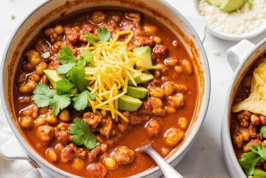 Serving presentation of red chicken chili recipe with toppings including cheese, avocado, and cilantro