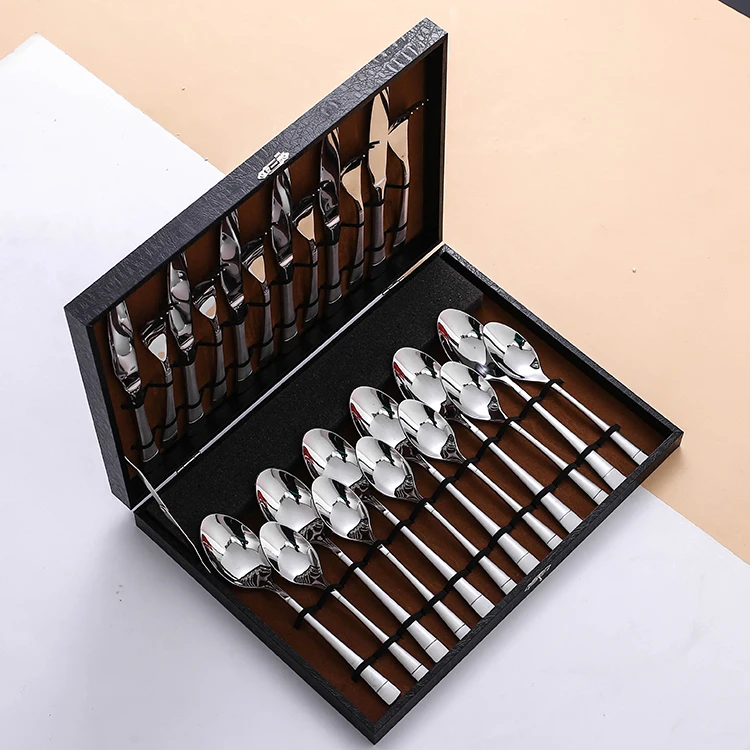 

High Quality Jieyang 24 Pcs Tableware Box Luxury Dinner Set fiestaware Reusable Picnic Stainless Steel Cutlery Set Flatware, Silver