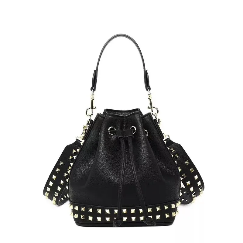 

2021 New Leather Trend Matching Rivet Bag Pure Cowhide Lychee Pattern Wide Shoulder Strap Messenger Bucket Bag Female, 4 colors