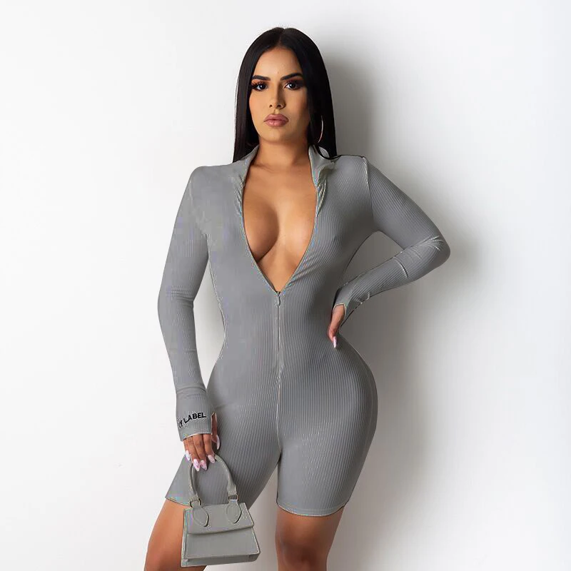 

Women pure colour turn-down collar zipper sports track suits ladies one piece women jumpsuits