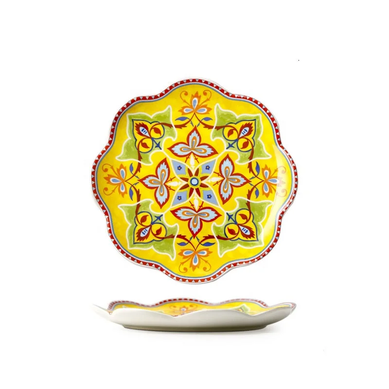 

Ceramic Irregular Petal Shape Applique Glaze Bohemian Hand Paint Charger Dinner Plate