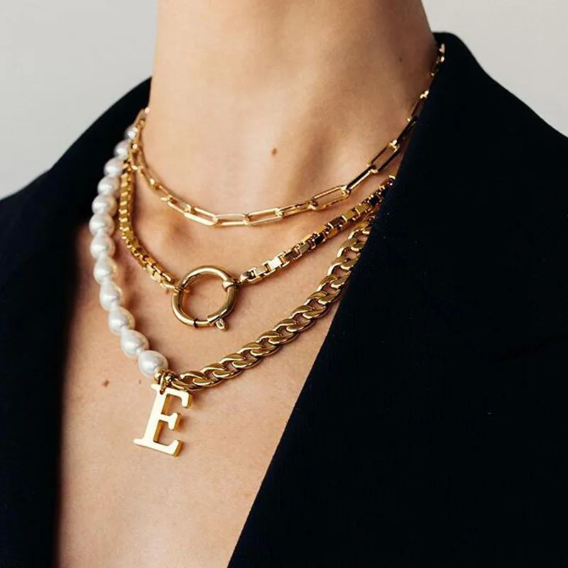 

2020 Punk Gold Color Chain Multilayer Necklaces Women Elegant Pearls Letter E Pendant Necklace (KNK5170), Silver, gold