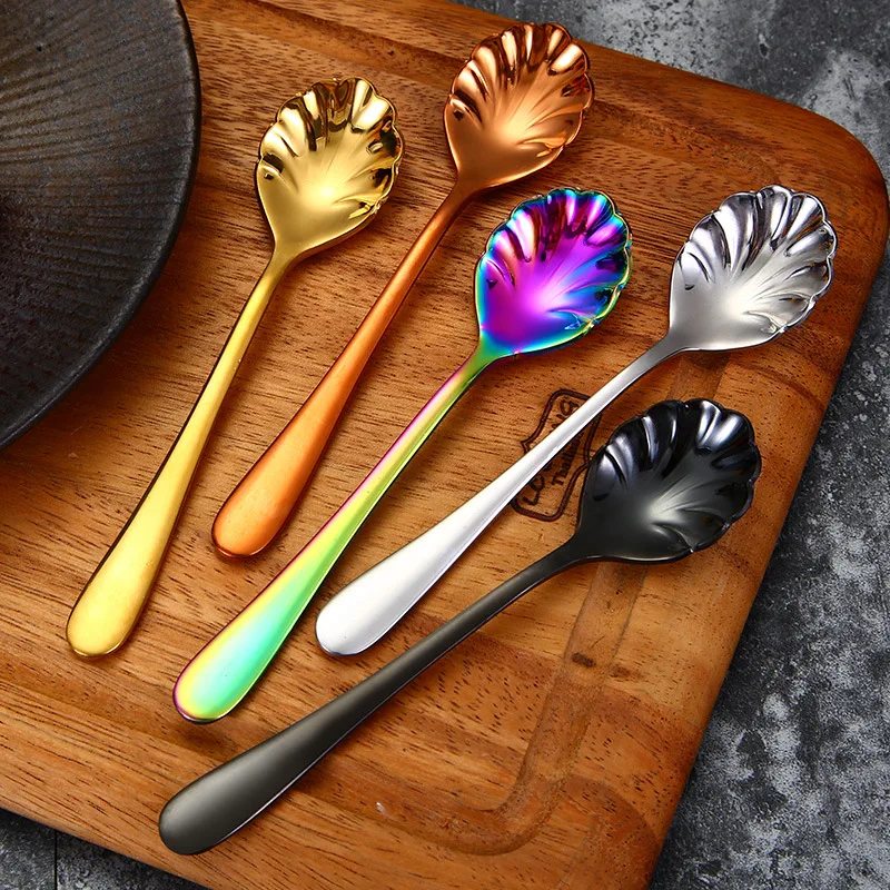 

Shell Stainless steel Gold Mini Dessert Spoon Sugar Spoon Short handle, Silver / gold / rose gold / black / rainbow