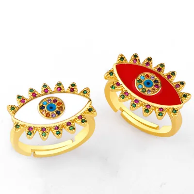 

2020 New Gold Plated Rainbow Cubic Evil Eyes Ring Micro Pave Rainbow Crystal Rhinestone Red White Evil Eyes Adjustable Ring