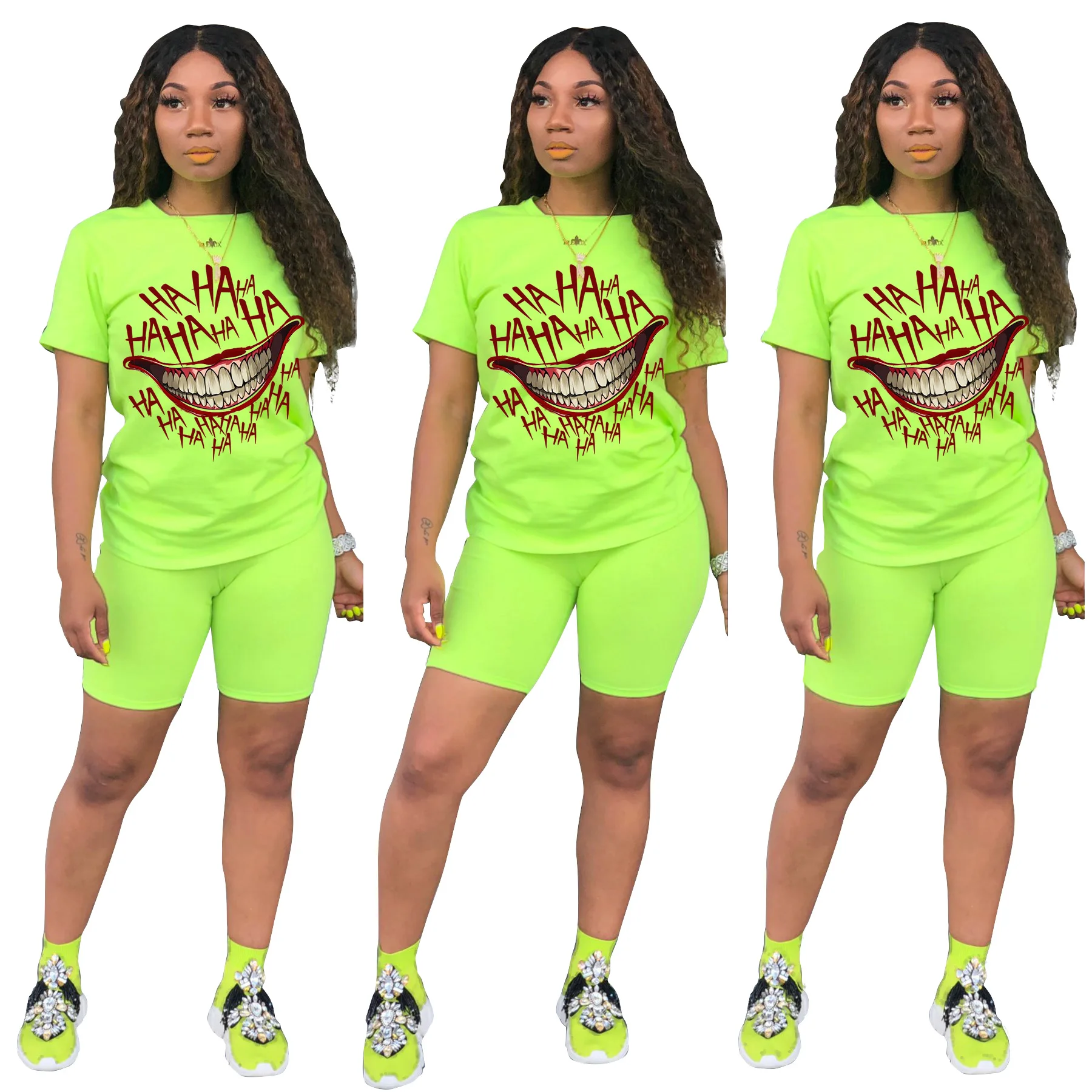 

Womens Fashion Sports Printed Outfit Short Sleeve T-Shirt Tops Pants Set Solid Casual Tracksuit Two Piece Sets, Picture color