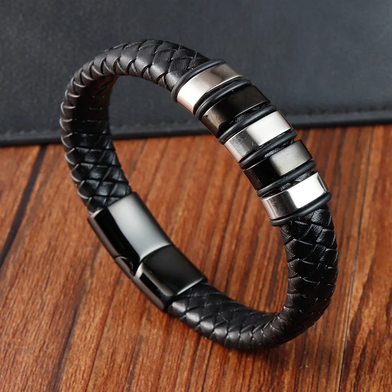 

Vintage Tube Braided Men Leather Wrist Bangle Bracelet Multilayer Stainless Steel Magnetic Clasp Genuine Leather Men Bracelet