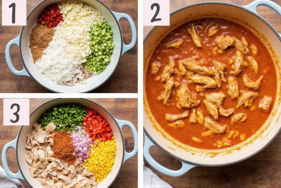 Step-by-step preparation of chicken chili showing ingredients in bowls, chicken browning in pot, and finished chili in bowl with toppings