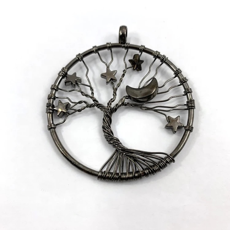 

Moon And Stars Round  Black Silver Hand Made Plated Bronze Beaded Pendant Tree Of Life