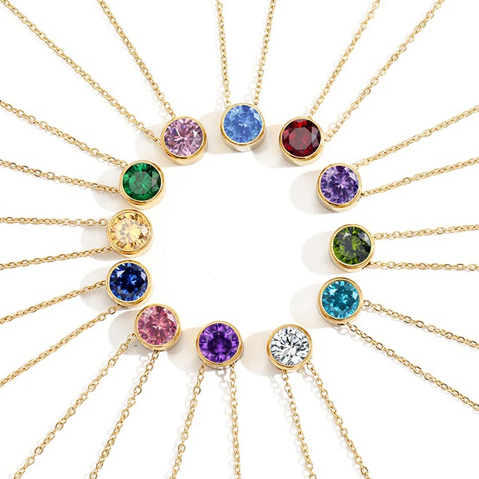 EManco New Trendy 12 Month Birth Stone Necklace Choker Luxury Colorful 316L Stainless Steel Necklace Birthday Gifts for Women