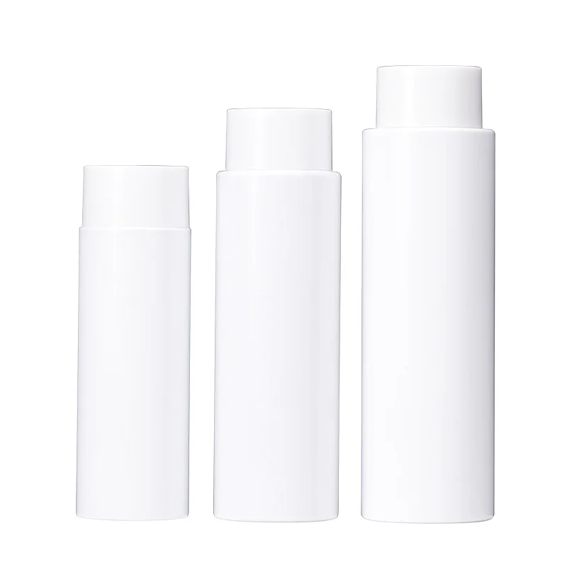 

Cosmetic package 100ml white flat shoulder flip open pet toner liquile bottle for hair with nozzle