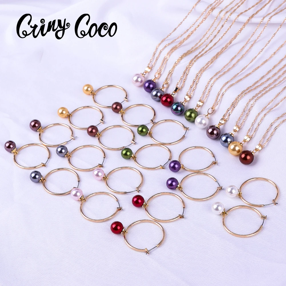 

Cring CoCo Fashion Red Yellow Pearl Set Custom Polynesian 14k gold jewelry wholesale Hoop Earrings Hawaiian Jewelry Set, Picture shows