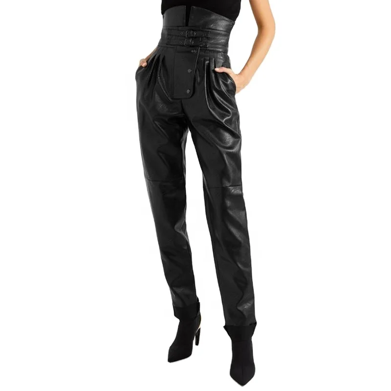 

TWOTWINSTYLE PU Leather High Street Style High Waist Ruched Asymmetrical Trousers Female