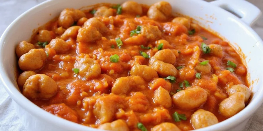 Vegetarian paprikash plated with mashed potatoes and pickled garnishes