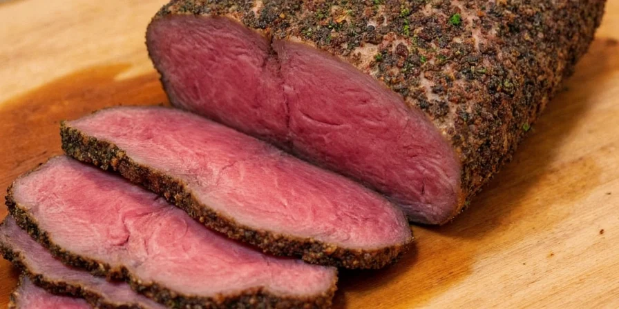 Plated beef roast with colorful sides
