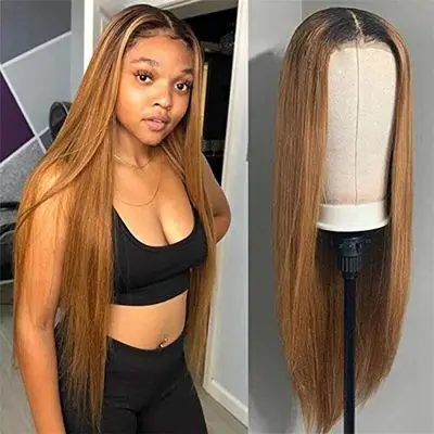 

Synthetic 28 Inches European and American Long Straight Hair Wigs Ladies Front Long Straight Hair Gradient Color Wigs