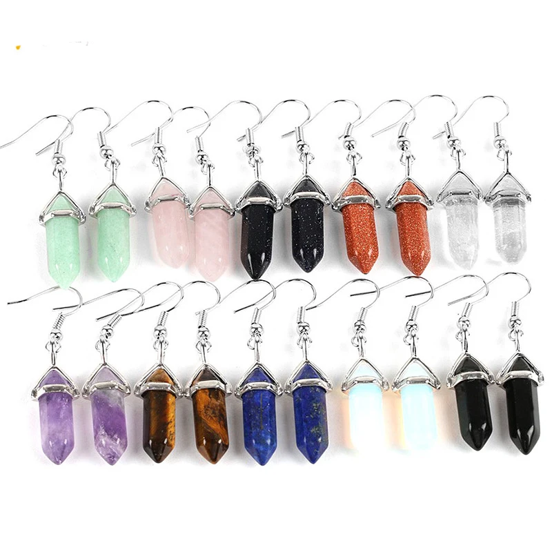 

New Nature Healing Stone Silver Crystal fluorit Trendy Fashion Hexagonal Prism Bullet Shape Drop Hook Earrings Women Jewelry