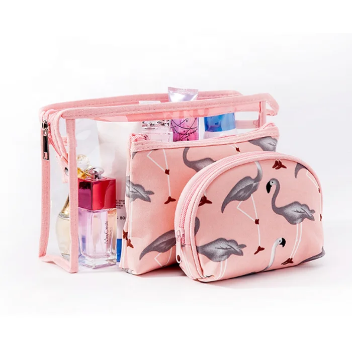 

High Quality Flamingo Prints 3 in 1 Tote Makeup Bag Transparent PVC Customized Cosmetic Bag, Customized color