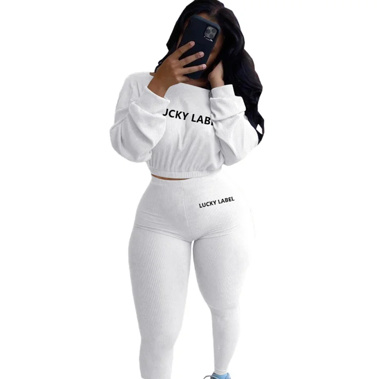 

2020 hot selling Ribbed pit strip letter embroidery lucky label two piece women sweatsuit set fall clothing for women, Existing or as customer's require
