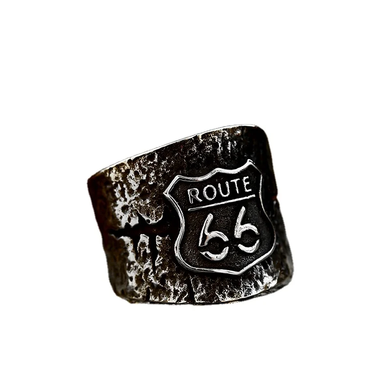 SS8-915R Steel Soldier New Fashion Stainless Steel Wide Band Ring Punk Vintage Style Mens Route 66" Pattern Creative Rings