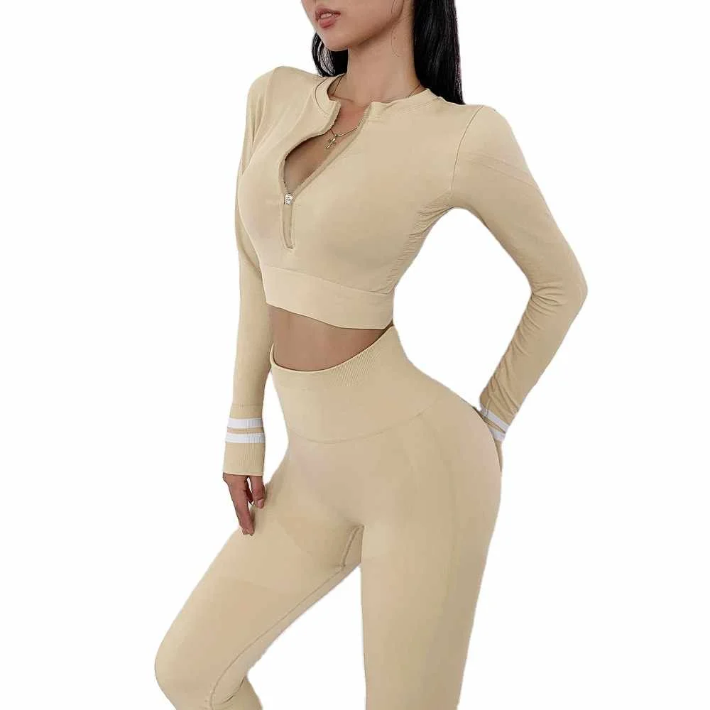 

Women hot selling high waist long sleeve brown yoga sets