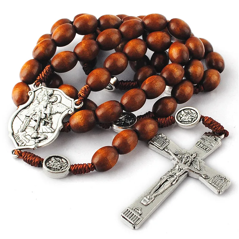 

Religious Necklace Dark Brown Wooden Beads Rosary for Men with Anti-Silver Virgin Mary Medal