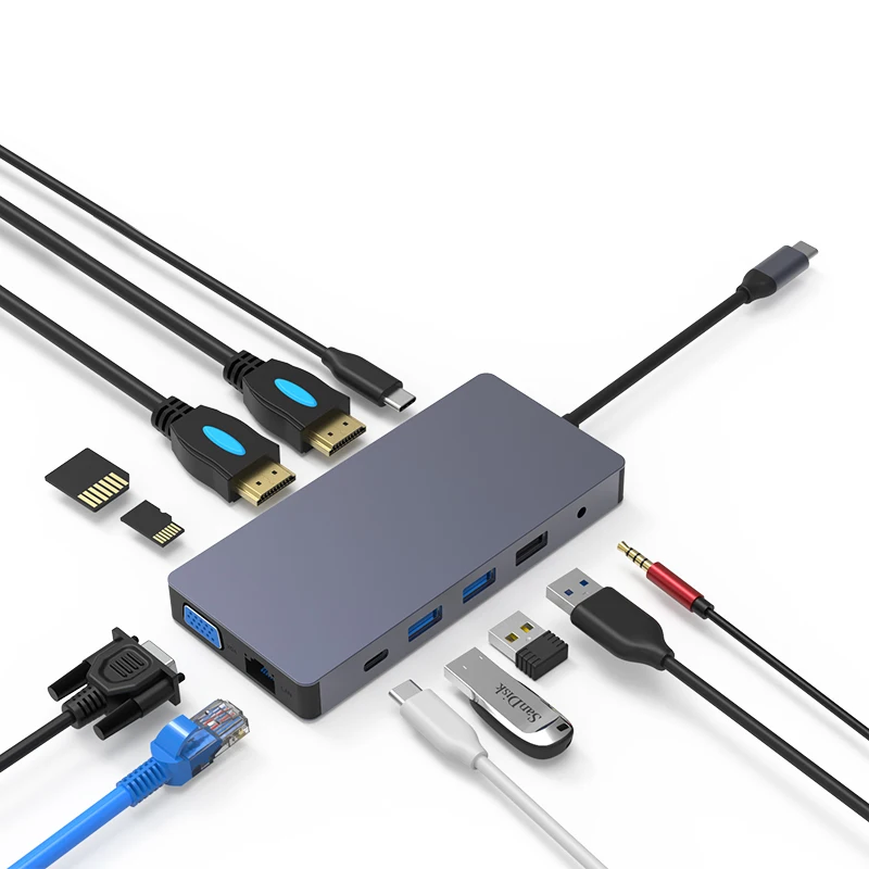 

Multifunction 12 Port Type C Hub To Double Hdmi 4K Vga Lan High Quality 12 In 1 Type C Hub For Laptop, Black