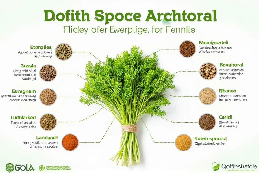 Various spice alternatives arranged around fennel plant with health benefits infographic