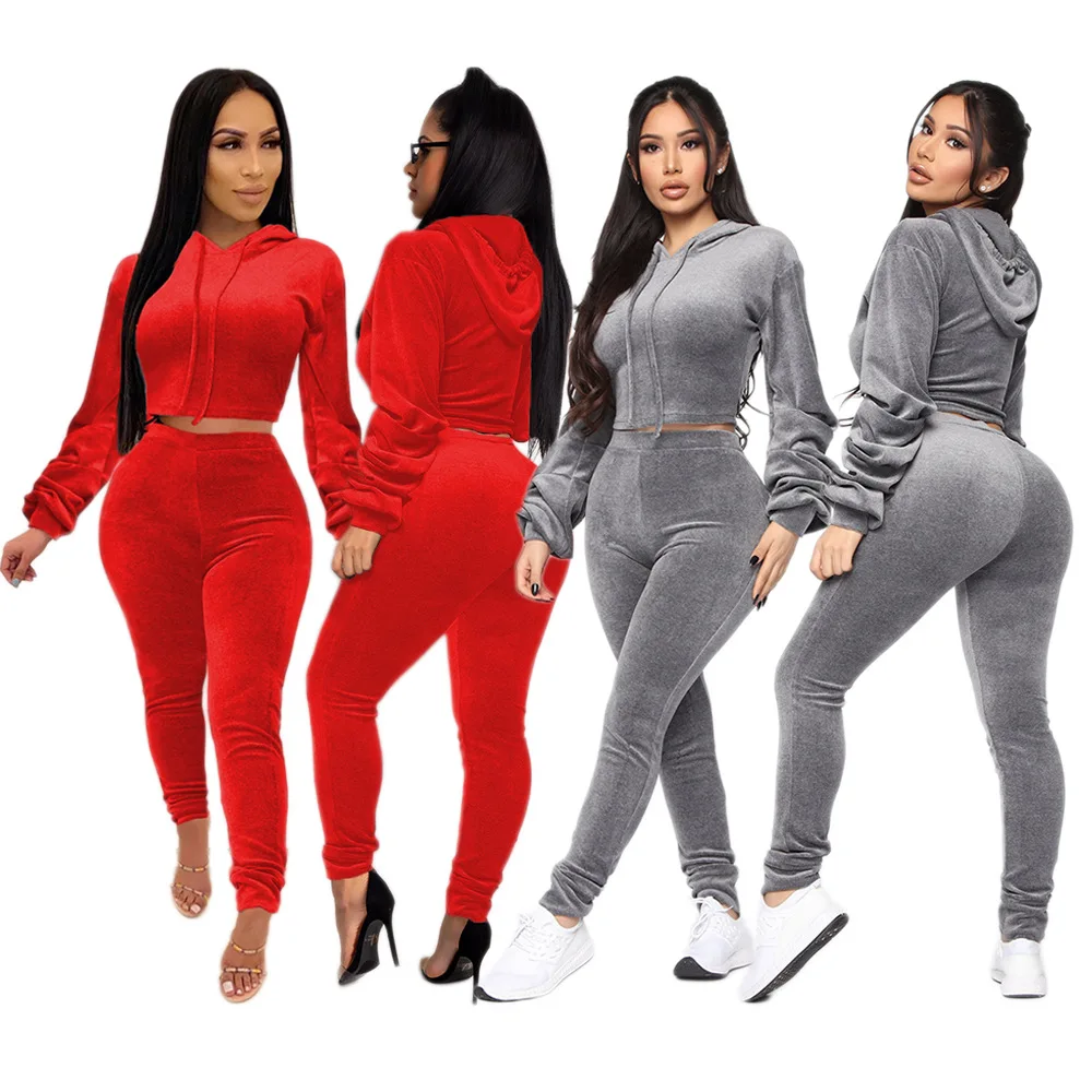 

2020 new arrival women two piece set women casual velvet pants and hoodies two piece set