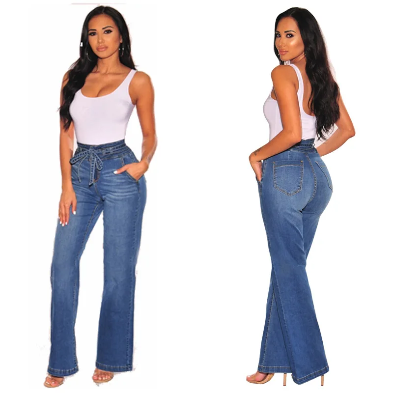 

APOLLO New Arrival Relaxed Fit Distressed Women Jeans Long Belt Denim Ladies Straight Jeans