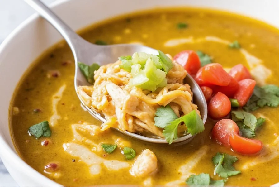 Serving green chili chicken enchilada soup with various toppings in white bowl