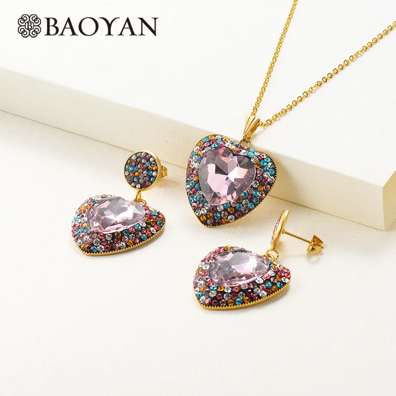 

BAOYAN Fashion Multi Color Cz Crystal Heart WOMEN Stainless Steel Jewelry Sets, Gold