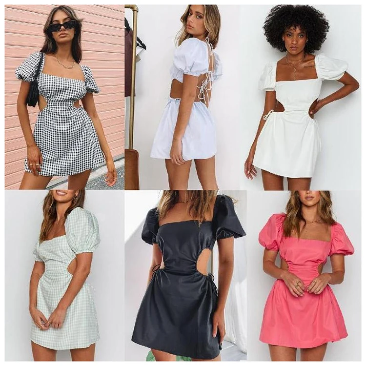 

Summer Lady Square Collar Short Puff Sleeve Lace-up Open Back Beach Wear Women Party Dresses Cheap Plus Size Dress For Women