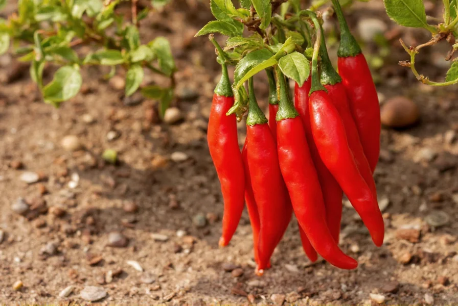 Close-up of red chili tepin peppers growing on bush in desert environment with soil details