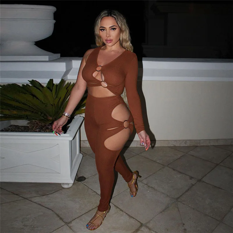 

Fall 2021 women clothes club wear outfits sexy hollow one shoulder tight two piece pants set